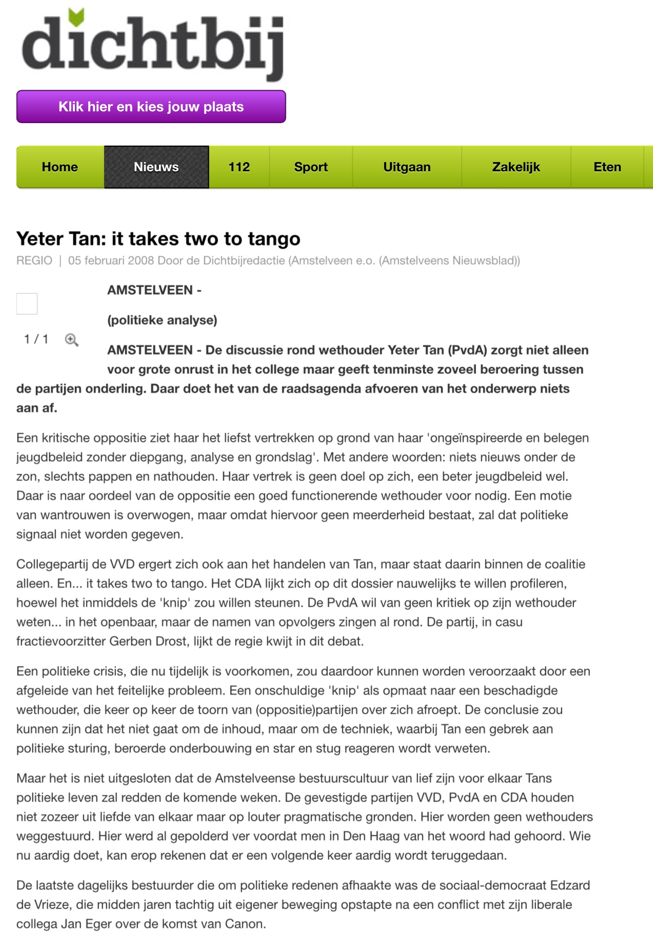 2008 AmstelveenDichtbij analyse over positie Yeter Tan