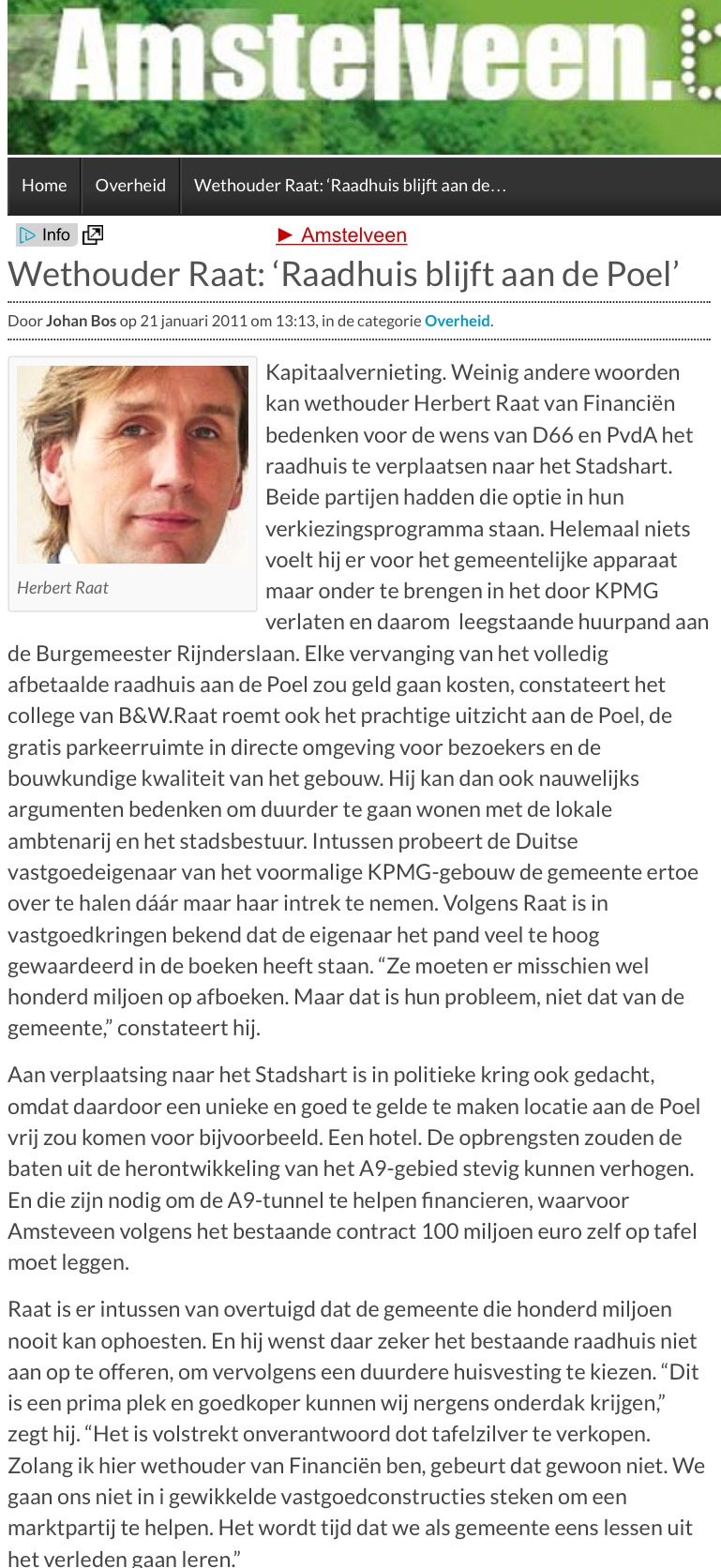 2011-16-2 AmstelveenBlog.nl: Herbert Raat over Raadhuis Amstelveen blijft aan de Poel