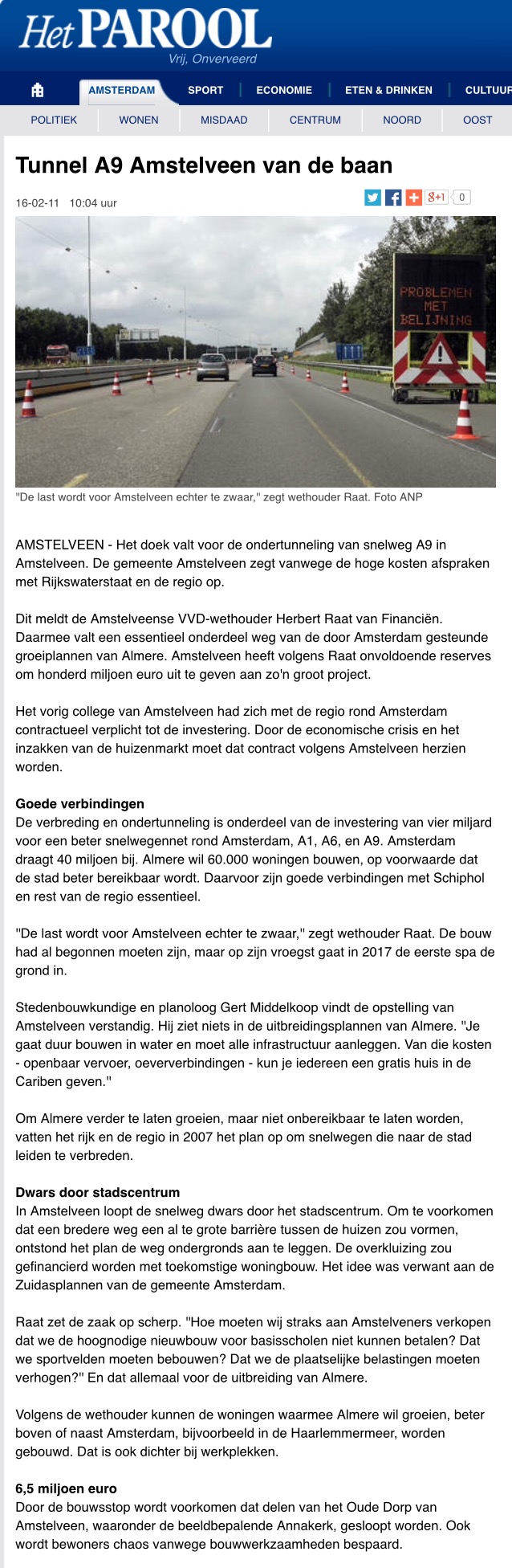 2011-16-2 Het Parool: wethouder Herbert Raat over tunnel A9 Amstelveen