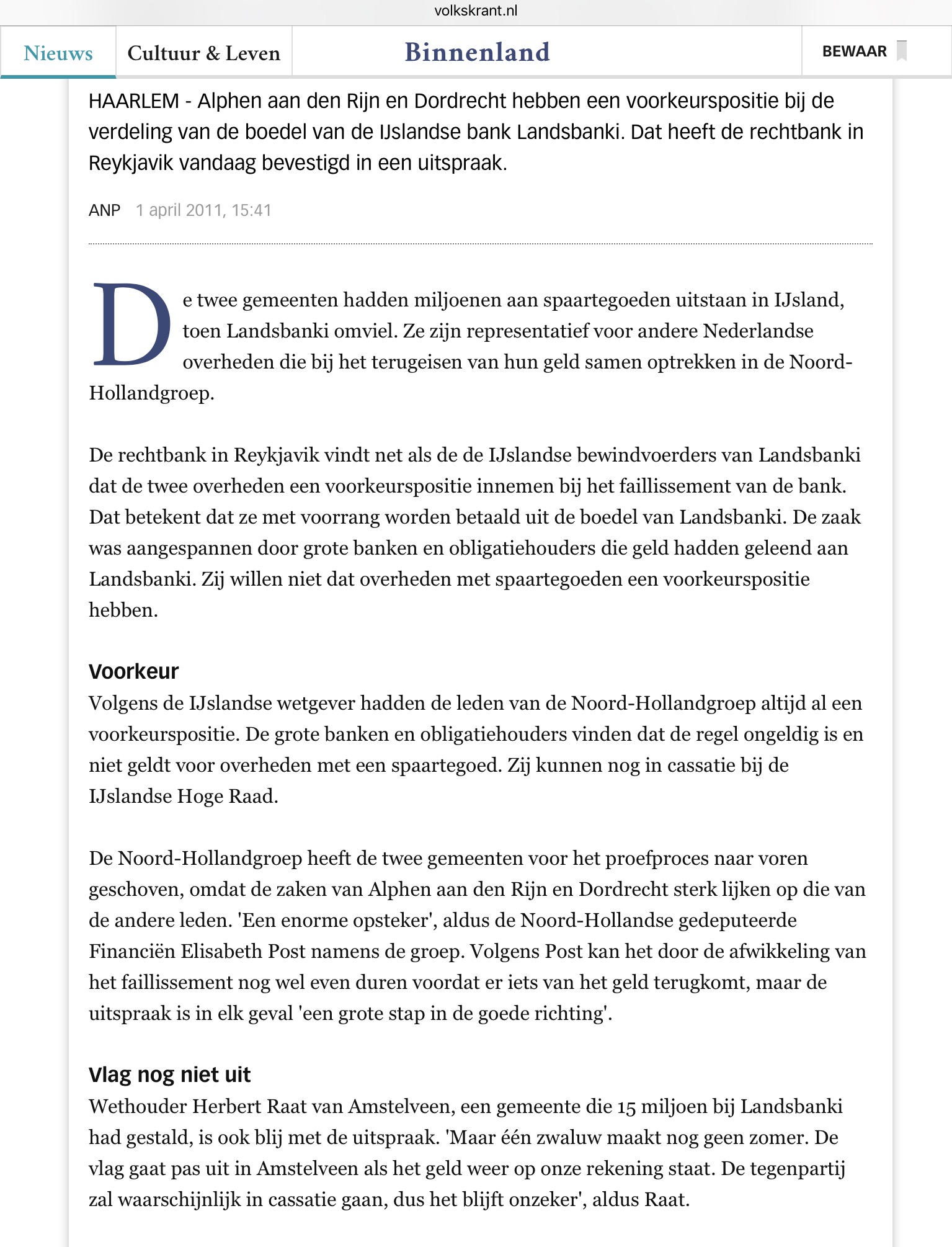 2011-1-4 De Volkskrant: Herbert Raat over Landsbanki Amstelveen