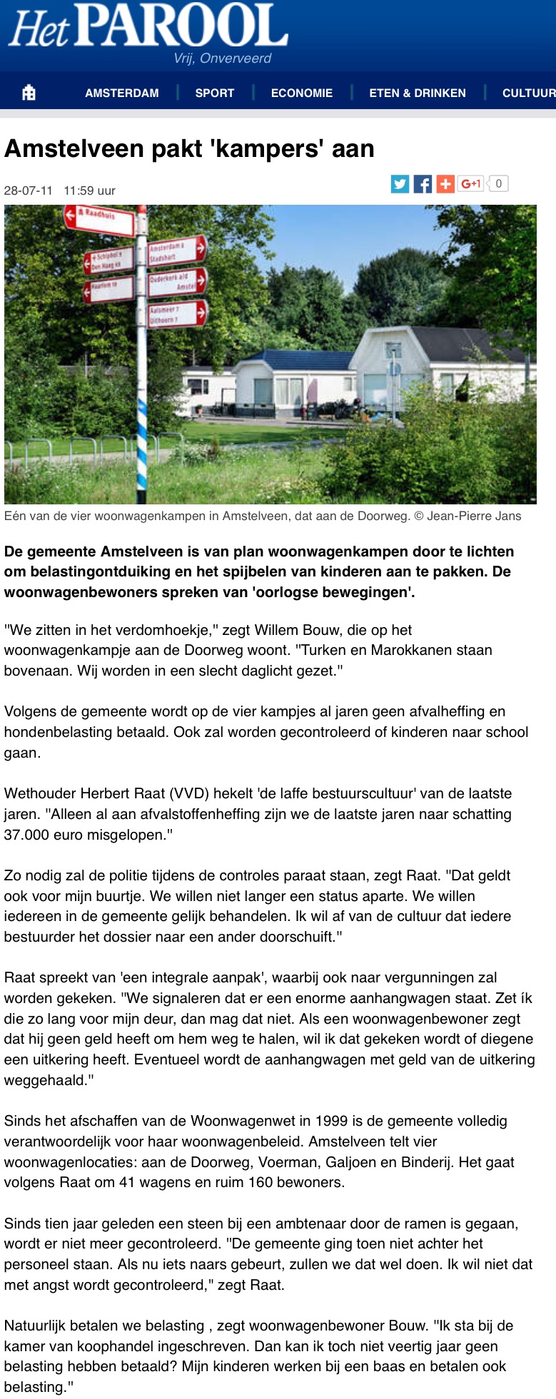 2011-28-7 Het Parool: Herbert Raat over aanpak woonwagens in Amstelveen