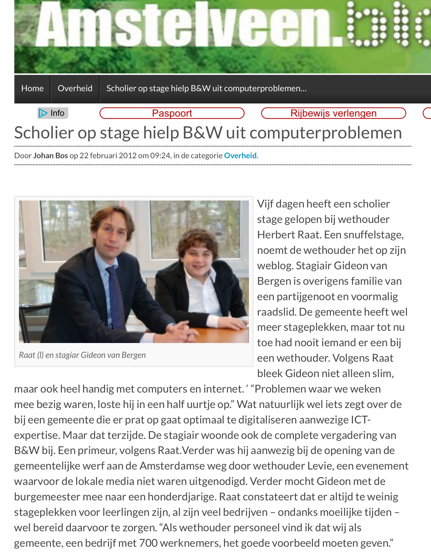 2012-22-2 AmstelveenBlog.nl over stage Gideon van Bergen bij wethouder Herbert Raat