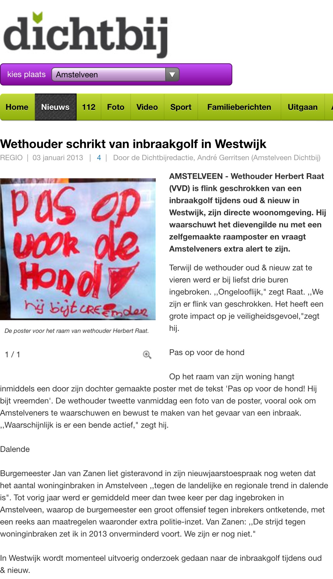 2013-3-1 AmstelveenDichtbij over inbraken in Westwijk bij buren wethouder Herbert Raat