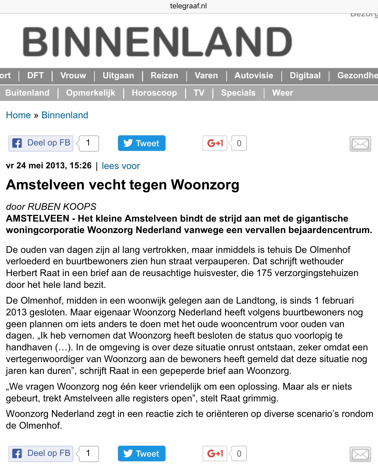 2013-24-5 De Telegraaf; Herbert Raat over verloedering Olmenhof door Woonzorg Nederland
