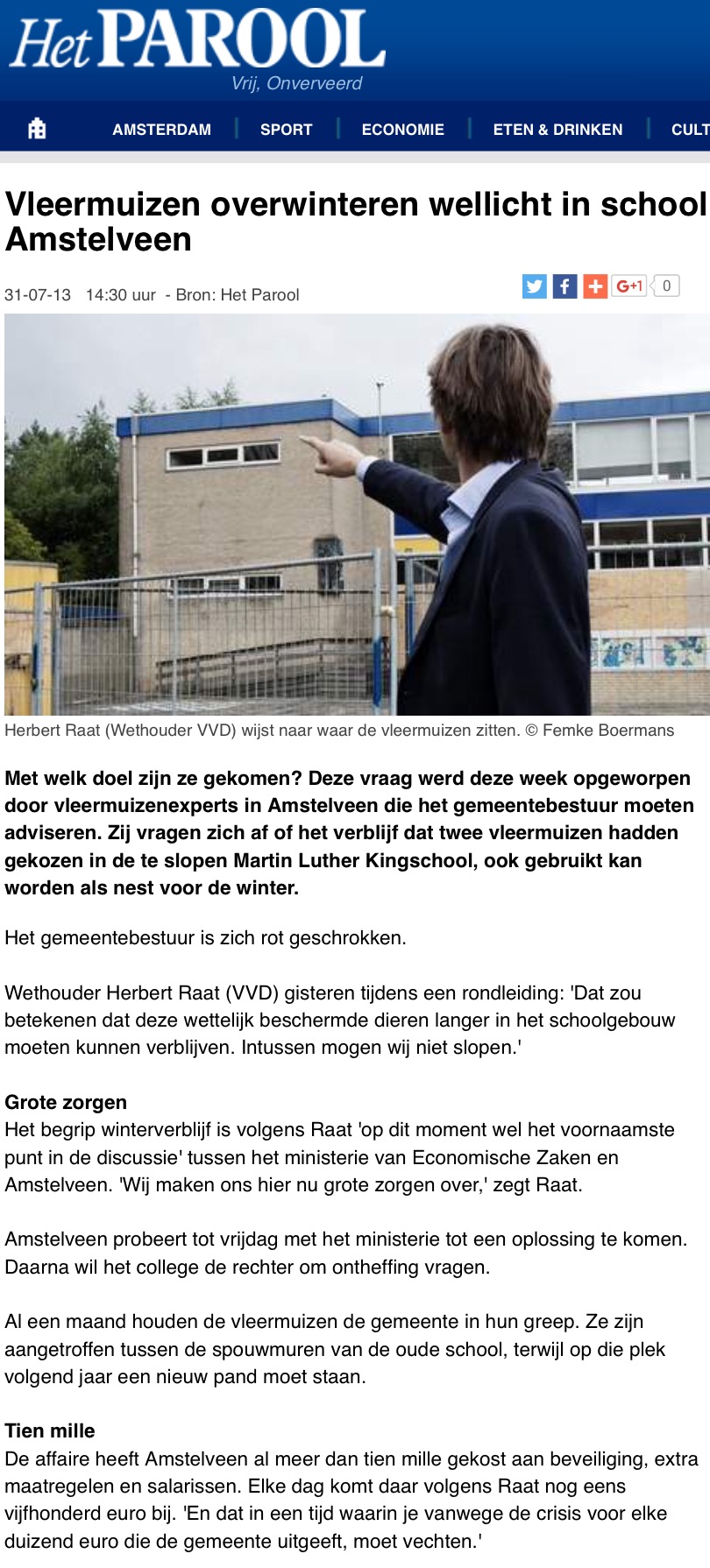 2013-31-7 Het Parool over vleermuizen Amstelveen