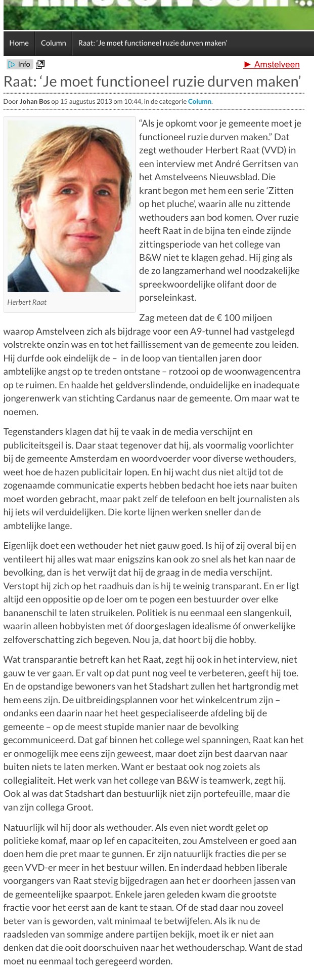 2013-15-8 AmstelveenBlog.nl; column van Johan Bos over wethouder Herbert Raat