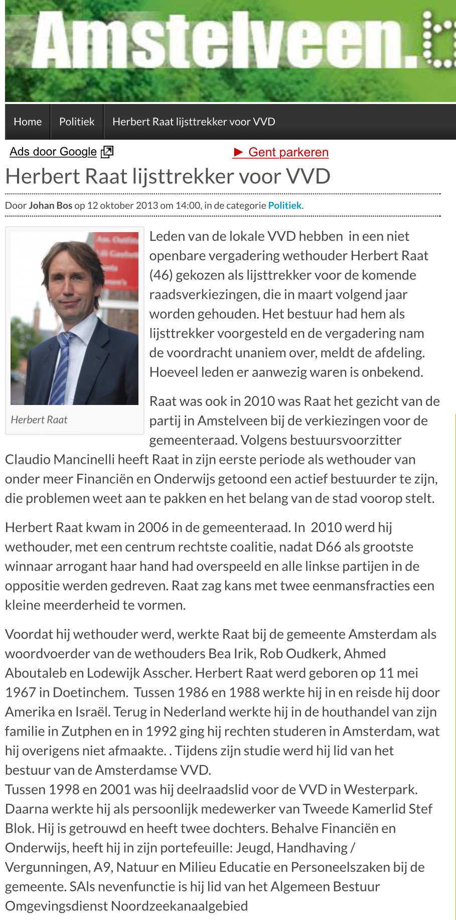 2013-12 oktober; AmstelveenBlog.nl Herbert Raat lijsttrekker VVd Amstelveen 2014