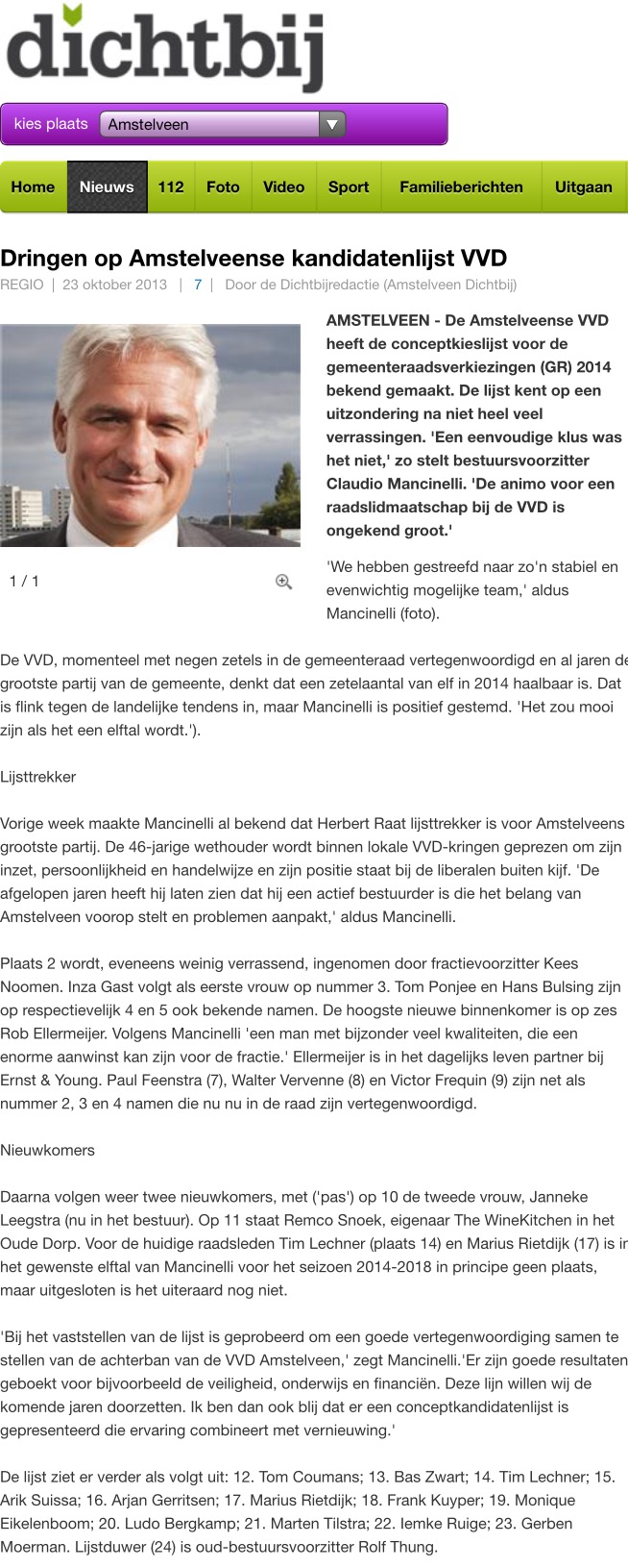 2013-23 oktober;'AmstelveenDichtbij; Herbert Raat lijsttrekker VVD Amstelveen