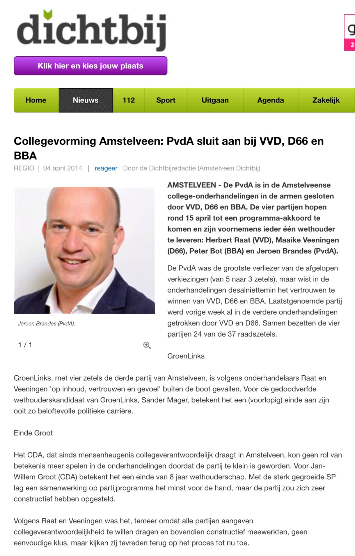 2014- 4 april AmstelveenDichtbij over Collegevorming
