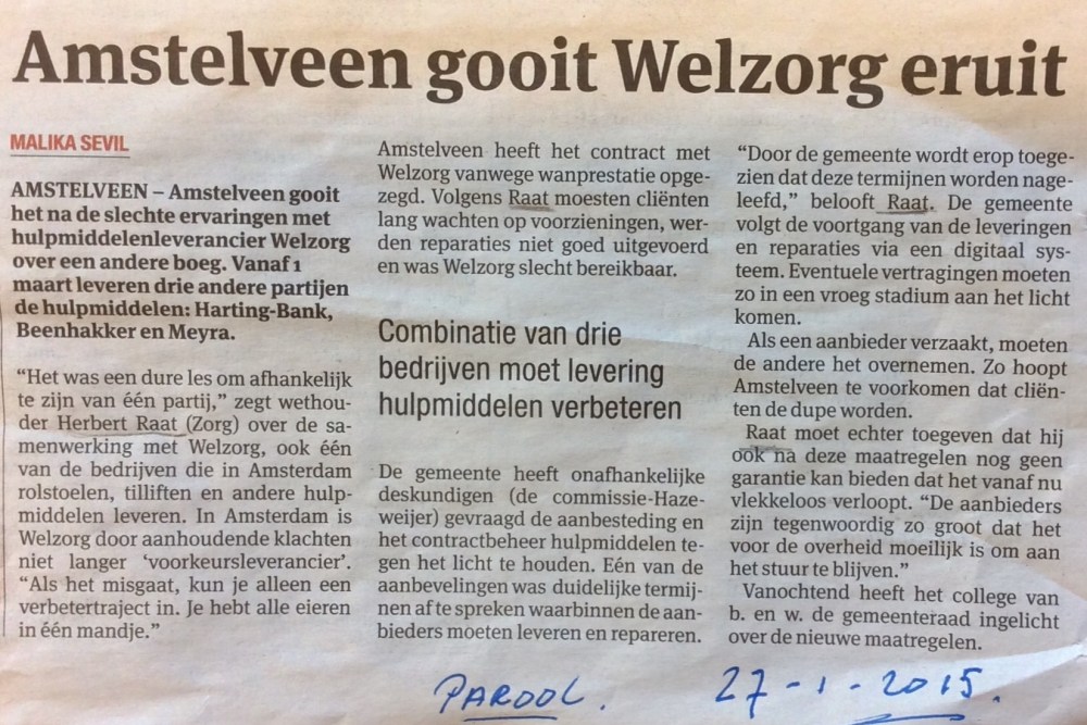 2015 27-1-Het Parool: Herbert Raat over exit Welzorg door Malika sevil
