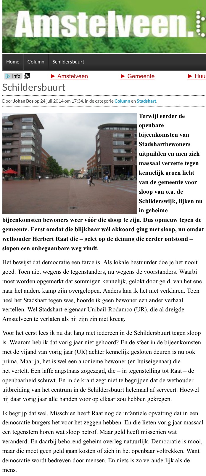 2014-24-6; AmstelveenBlog.nl: Column Johan Bos over Herbert Raat en de Schildersbuurt