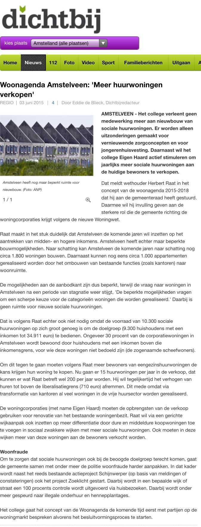2015-3 juni Amstelveendichtbij; Herbert Raat over woonagenda Amstelveen