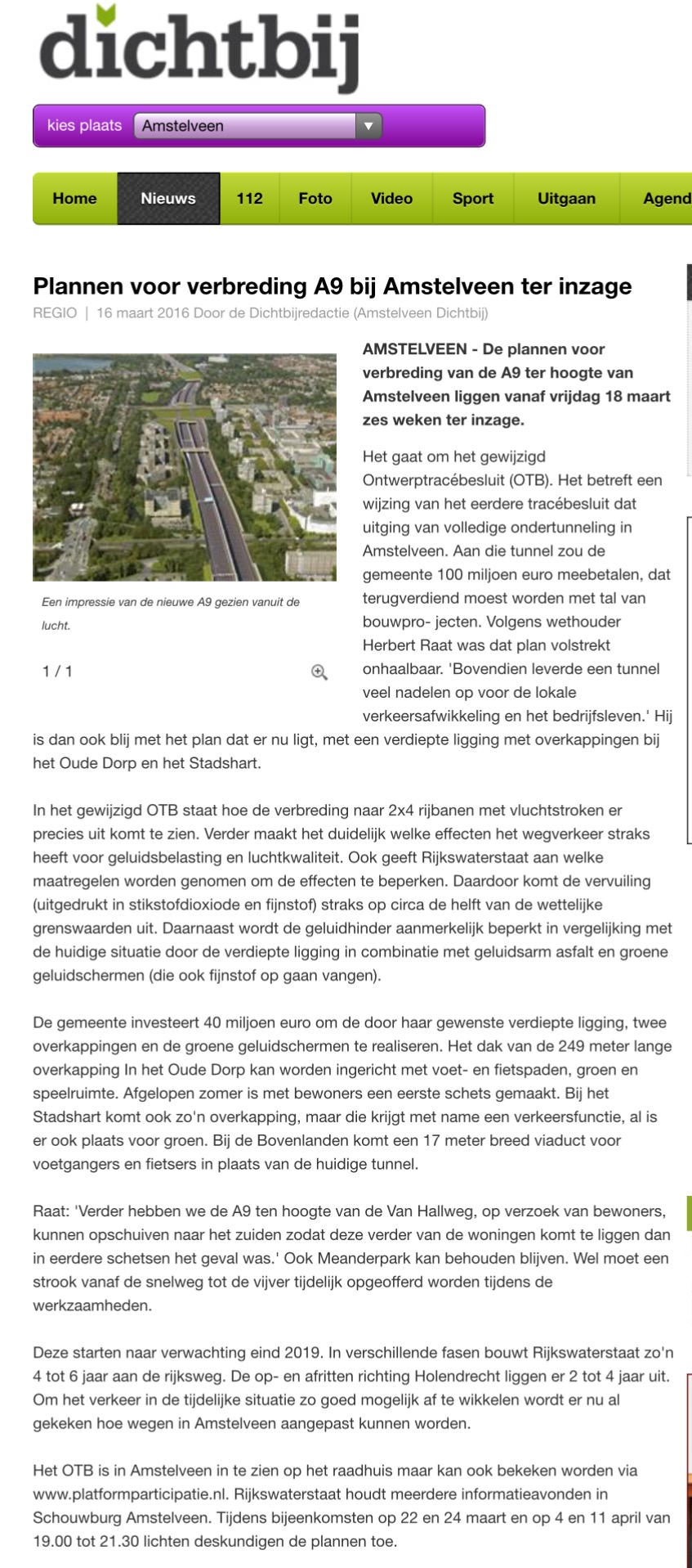 2016-16-3 AmstelveenDichtbij; Herbert Raat over plannen voor A9 ter inzage