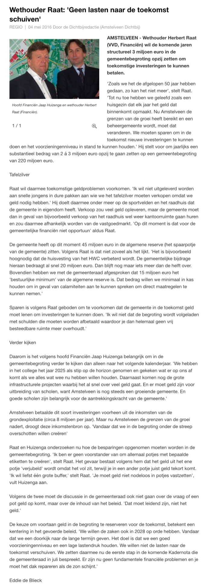 2016-4 mei interview AmstelveenDichtbij met wethouder Herbert Raat en Jaap Huizenga over financiën
