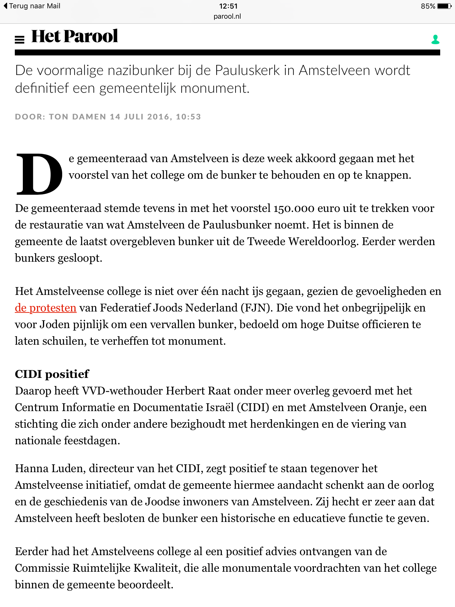 201614 juli Het Parool over bunker in Amstelveen