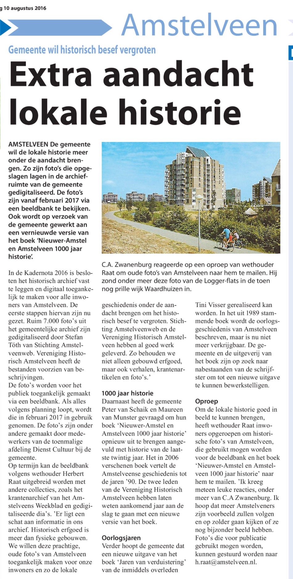 2016-10-8 Amstelveens Nieuwsblad; wethouder Herbert Raat over extra aandacht voor historie Amstelveen